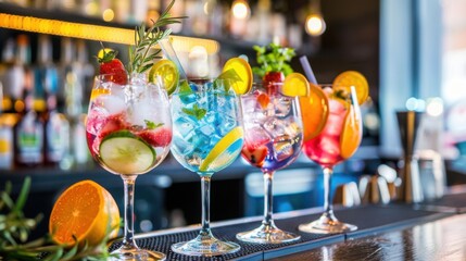 Classic Cocktails at the Bar: Fresh Citrus Slices, Ice & Vodka/Gin, Set Against a Blurry Colorful Summer Party Background