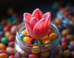 Sweet springtime surprise with a sugar-coated tulip candy emerging from a jar of colorful jelly beans