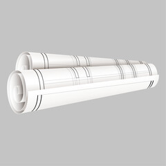 Rolled blueprints and architectural plans on a neutral background
