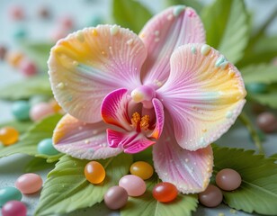 Delicate pastel orchid blossom surrounded by colorful jelly beans, evoking a sweet spring celebration.