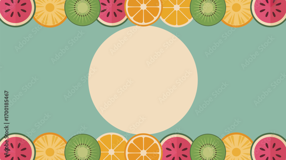 Poster a light blue background with a cream circle and a border of fruit slices on the top and bottom edge