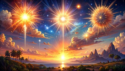 A vibrant sunset panorama showcases majestic fireworks exploding against a backdrop of tropical islands and a starlit sky.