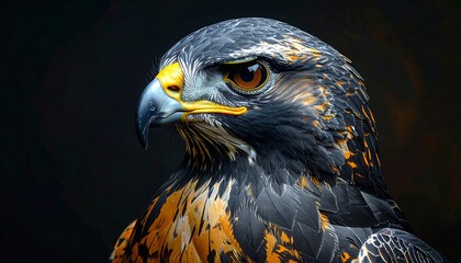 Close-up portrait of a magnificent hawk, showcasing intricate details of its plumage and intense gaze against a dramatic black background.