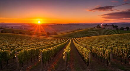 Vineyard at Sunset - Rows of Grapes in Golden Light.