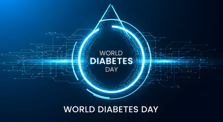 Global health awareness campaign concept for diabetes featuring the symbolic blue circle and a blood drop for glucose testing on a futuristic digital background