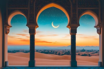 A crescent moon and glowing stars framed by ornate Islamic archways with a tranquil desert scene beyond 