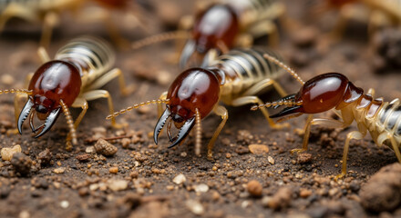 Fototapeta premium Close-up of a swarm of subterranean termites on soil, pest control concept