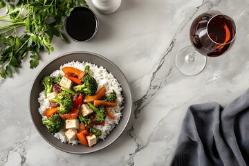 A comforting plate of vegetable stir-fry with tofu, broccoli, and bell peppers, served over steamed rice, captured with natural light and a clean, modern backdrop. 