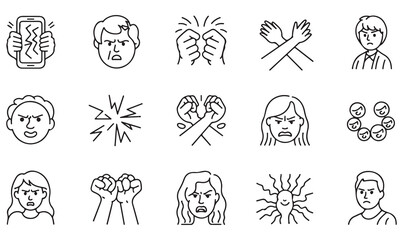 Naklejka premium Set of outline anger icons, vector fists and faces, emotions of aggression, rage, frustration, stress, and hostility illustrations