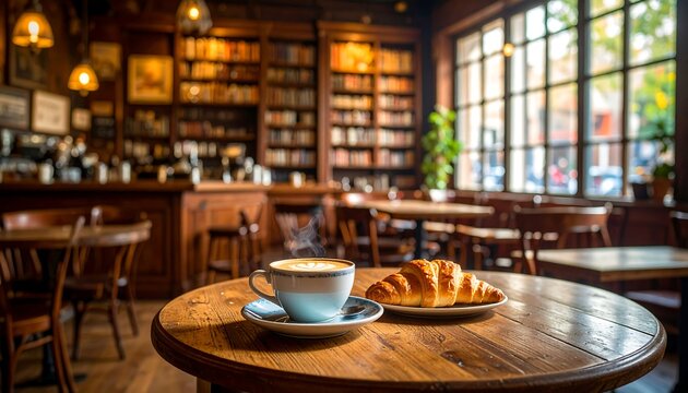Cozy cafe interior with coffee and pastry