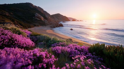 Vibrant coastal landscape at sunset with blooming flowers near the shore