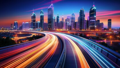 Fototapeta premium vibrant cityscape at twilight illuminated highway curves through a modern metropolis showcasing dynamic light trails and sleek tall buildings