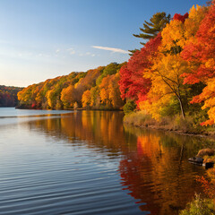 Golden autumn sunlight illuminates a serene forest lake, where fiery red, bright orange, and golden yellow leaves reflect across the calm water, creating a breathtaking seasonal panorama of nature’s b
