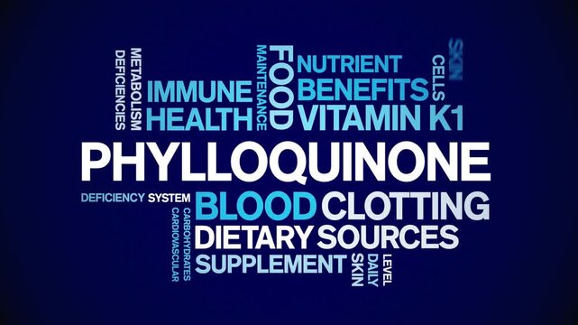 Phylloquinone Vitamin K1 animated word cloud-text design animation tag kinetic typography seamless loop.