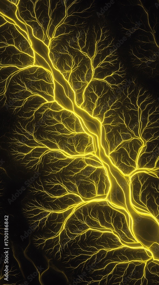 Poster a surreal abstract composition of yellow lightning bolts forming branching patterns across a black b