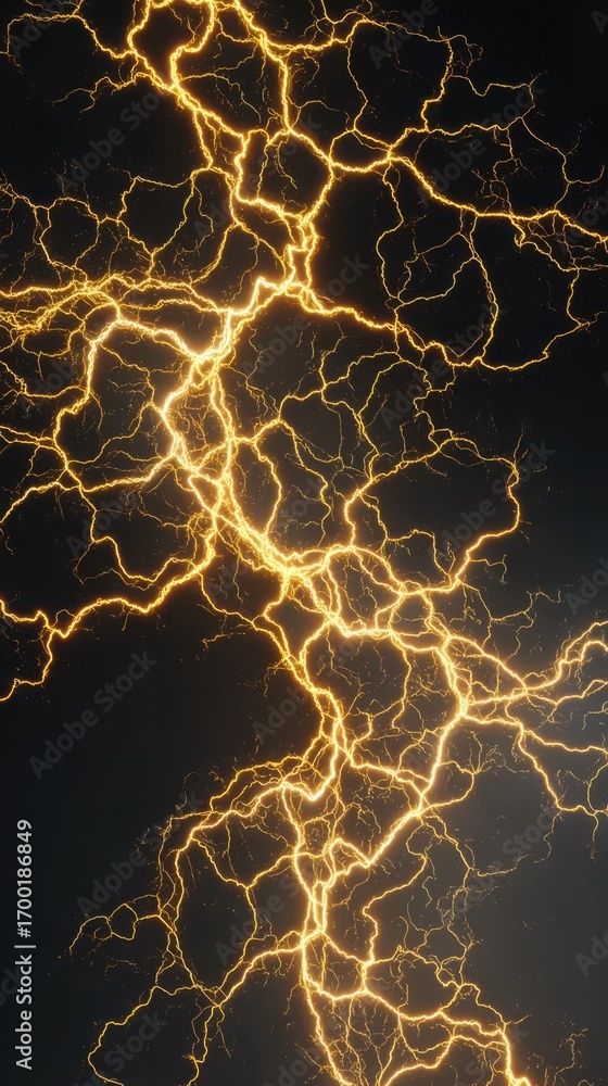 Poster a surreal abstract composition of yellow lightning bolts forming branching patterns across a black b