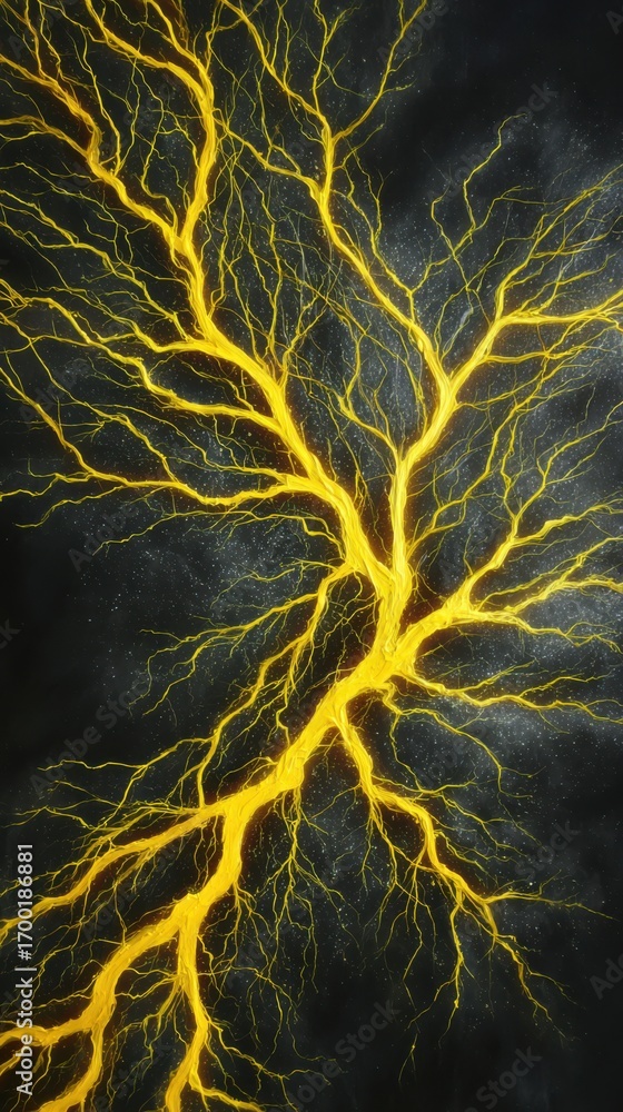 Poster a surreal abstract composition of yellow lightning bolts forming branching patterns across a black b