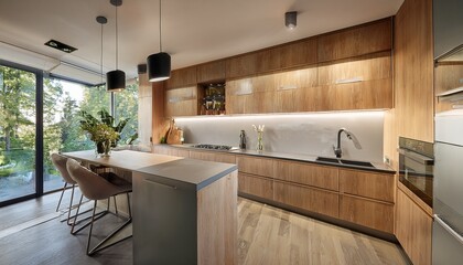an ultra modern kitchen with plywood cabinets and countertops blends functionality and aesthetic appeal
