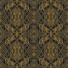 Ornate art deco pattern design with gold and black colors creating vintage style, seamless pattern, Stock royalty image.