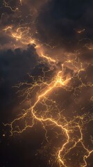 Yellow lightning bolts captured in slow motion effect, glowing across a night storm with radiant golden sparks and branching arcs