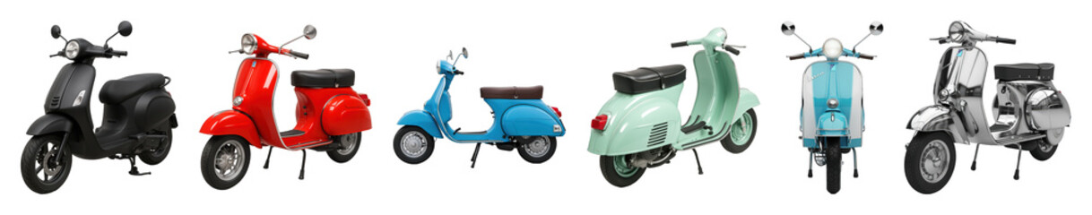 Scooter set including classic and modern models in red, blue, mint, black, and chrome isolated. Urban mobility and retro transport.