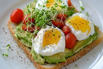A wholesome breakfast plate of avocado toast topped with poached eggs, cherry tomatoes, and microgreens, photographed with soft morning light and ample copy space. 