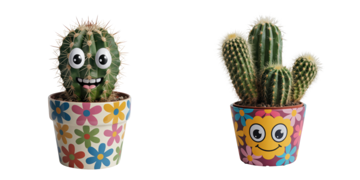Cute Cacti in Colorful Pots with Cartoon Faces
