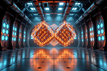 A hyperrealistic rendering of a futuristic resonance grid suspended across a vast metallic hall, where glowing hexagonal panels emit faint pulses of cyan and amber light
