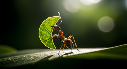 Ant Carrying a Leaf: Determination, Strength, and Teamwork Concept