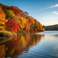 A breathtaking autumn lakeside scene with vibrant fall foliage in shades of red, orange, and yellow reflecting on calm blue water under a clear sky. Peaceful seasonal landscape perfect for nature love