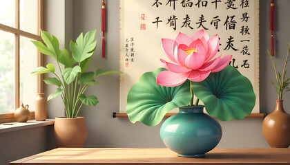 Pink Lotus Flower in Blue Vase Surrounding Green Leaves Decor in Elegant Indoor Setting