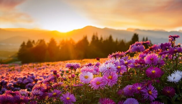 italian asters in full bloom during golden hour - Powered by Adobe