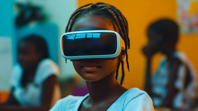 Young student explores virtual reality technology in classroom during afternoon learning session