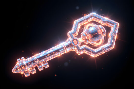 A conceptual visualization of a multi dimensional key, not a physical object, but a perfect, geometric shape of pure, shimmering light, with complex