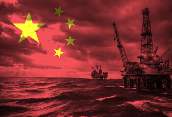 Natural Gas drilling rig with China flag overlay