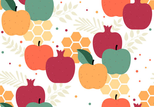 Jewish New Year, Rosh Hashanah holiday design. Seamless pattern with apple, pomegranate, honey cell. Rosh Hashanah background