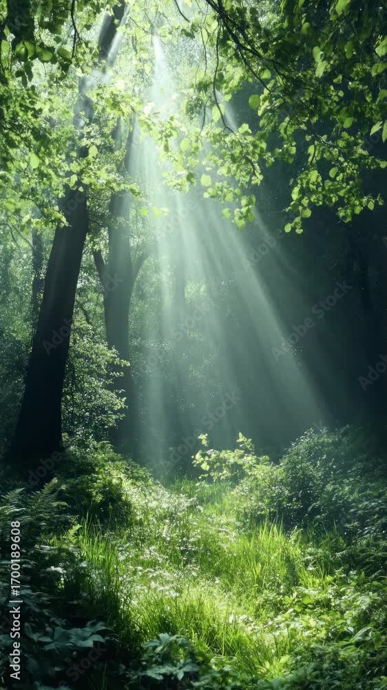 Poster a serene forest scene with sunlight streaming through trees, captured from a low angle, creating a m