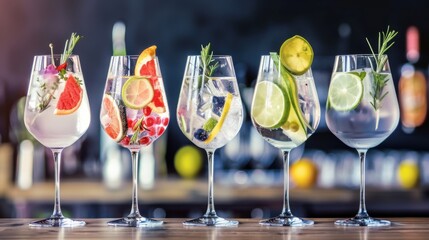 Classic Cocktails at the Bar: Fresh Citrus Slices, Ice & Vodka/Gin, Set Against a Blurry Colorful Summer Party Background