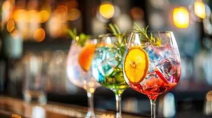 Classic Cocktails at the Bar: Fresh Citrus Slices, Ice & Vodka/Gin, Set Against a Blurry Colorful Summer Party Background