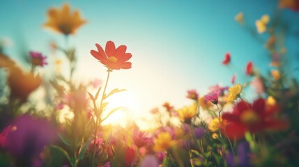 A vibrant field of colorful flowers illuminated by the soft glow of sunset creates a serene atmosphere, Ideal for nature-related projects, floral designs, or wellness campaigns,