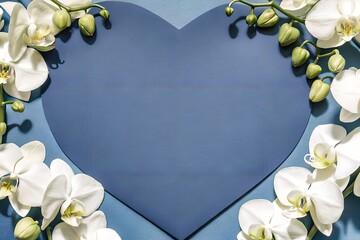 White Orchids and Green Buds Frame Heart Shape on Pink Background