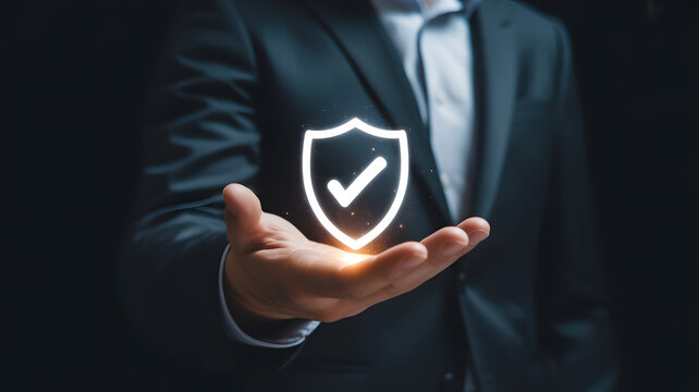Business Protection: A person holds an illuminated shield with a checkmark, symbolizing security, safety, and approval within the business world, a perfect image for representing protection.
