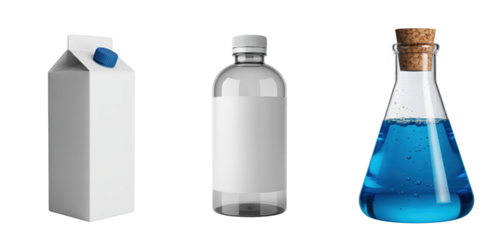 Various Bottles: Carton, Plastic, and Laboratory Flask

