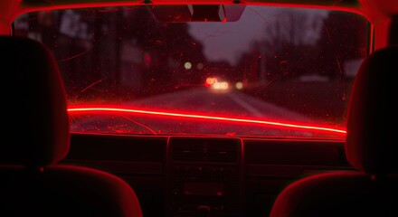 Interior View Red Illuminated Car Dashboard Driving at Dusk
