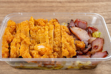 angle view chicken cutlets and bbq porks