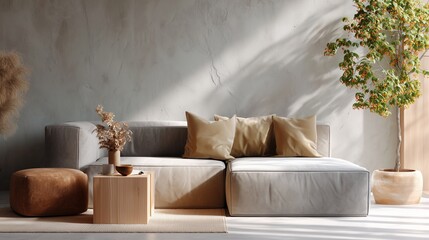 Modern living room with neutral color palette and natural decor in cozy setting during daylight hours