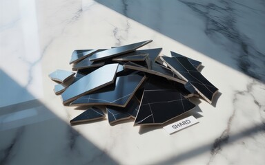 A high angle shows black, broken tile shards piled on white marble. The hard material contrasts with the soft sunlight, and a label reads "SHARD."