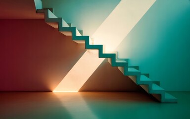 Colorful stairs stand beneath a skylight. Walls of red and blue flank the stairs; light streams in from above.