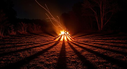 Orange Campfire Burning Brightly at Night with Dark Shadows and Trees