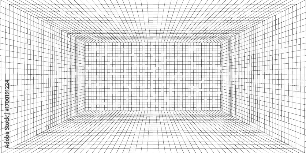 Aufkleber futuristic perspective grid box. abstract wireframe with white grid line on black background. virtua